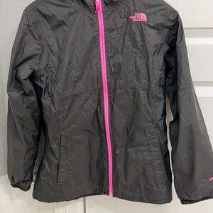 Pre-loved big girl’s The North Face Charcoal Jacket with Neon Pink Zipper